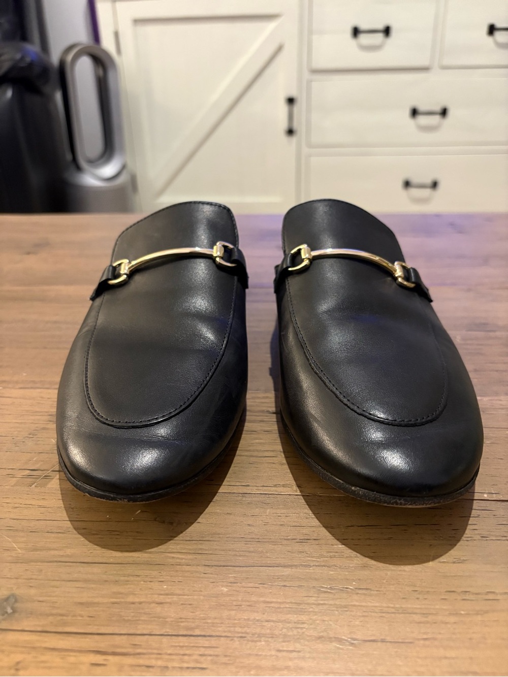 Steve Madden Black Leather Slip-On Loafers with Gold Tone Bit